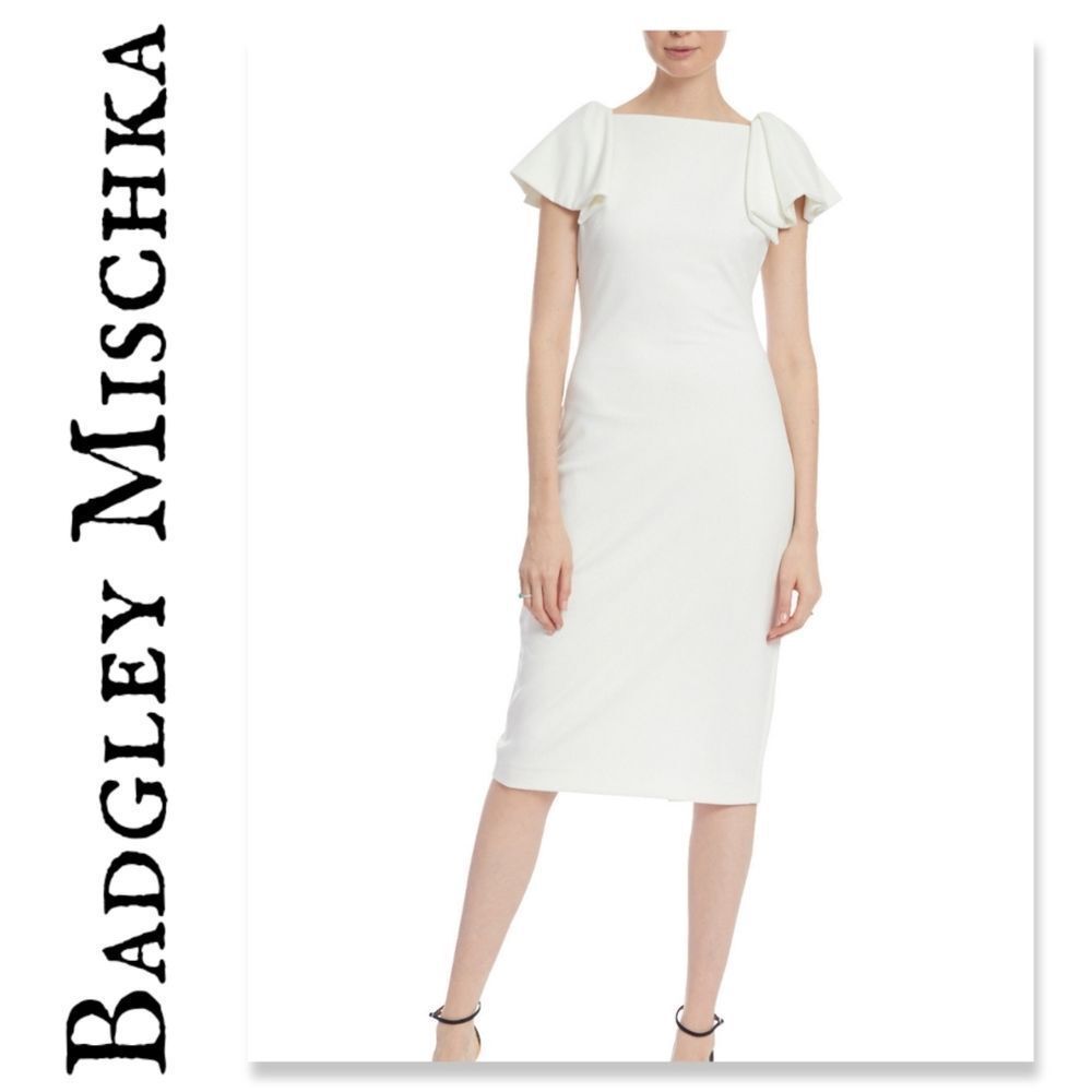 Nwt Bagdley Mischka Flutter Sleeve Pencil Dress - Light Ivory